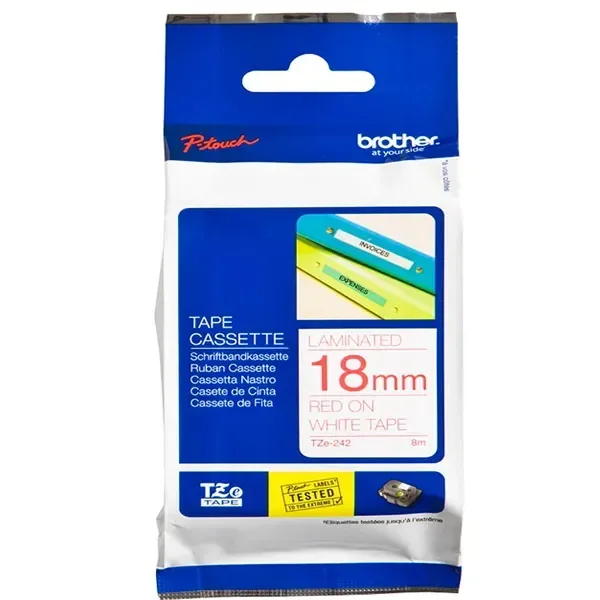 Brother TZE-242 Red on White 18mm Laminated Label Tape