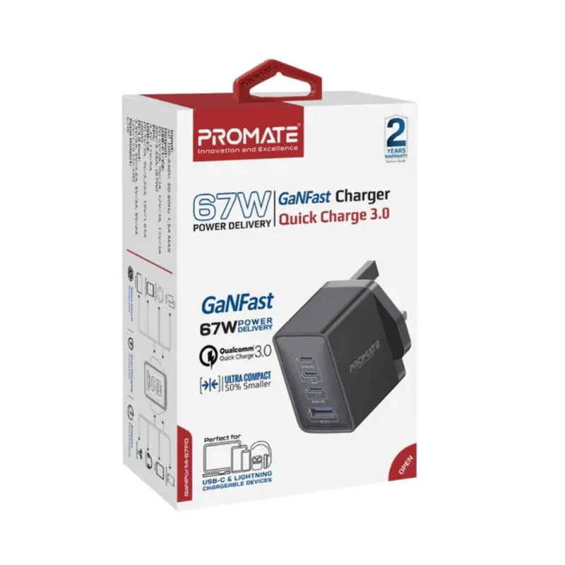 Promate GaNPort4-67PD Super-Speed 67W USB-C GaNFast Charger