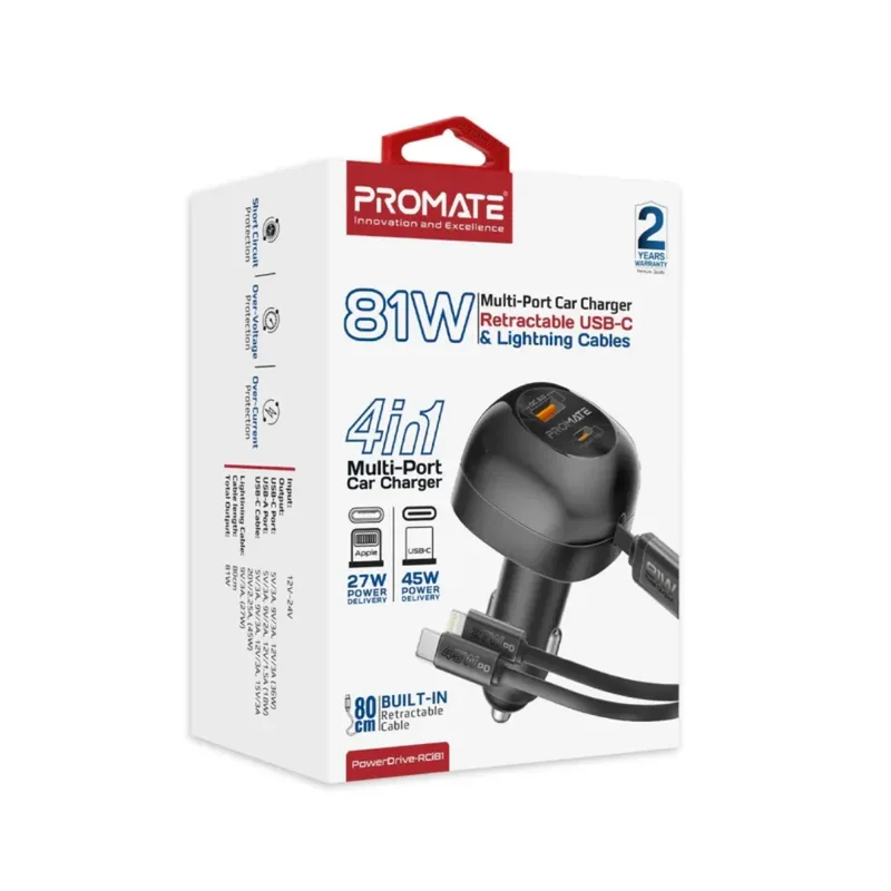 Promate PowerDrive-RCi81 81W Car Charger with USB-C & Lightning Cable