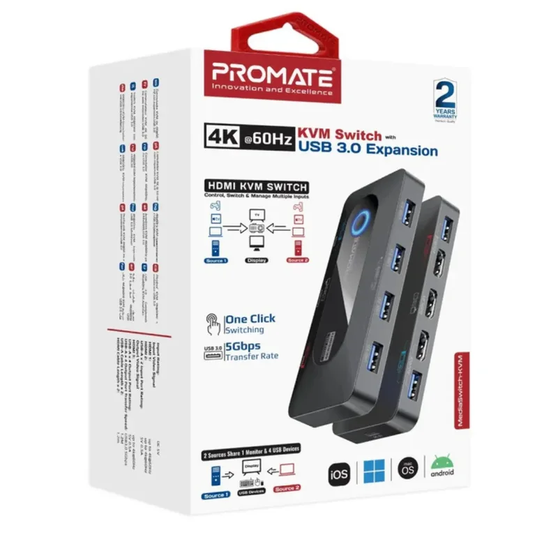 Promate MediaSwitch-KVM 4K@60Hz KVM Switch with USB 3.0 Expansion