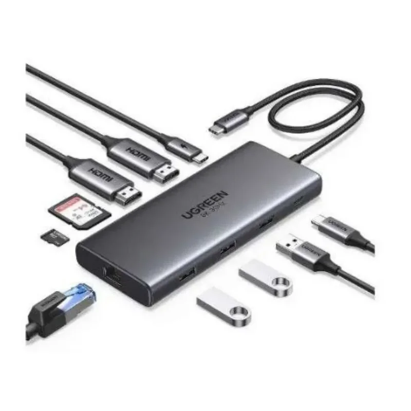 UGREEN 10-in-1 USB-C to USB-A 3.2 + USB-A 3.0 + USB-C 3.2 (2 Ports) + 4K HDMI (2 Ports) + RJ45 Gigabit Ethernet + SD & TF Card Reader + USB-C PD Multifunction Adapter – CM639
