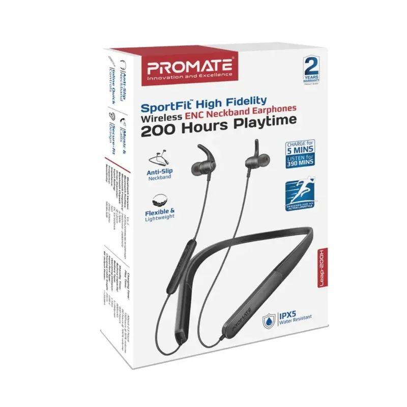 Promate Leap-200H SportFit High Fidelity Wireless ENC Neckband Earphones